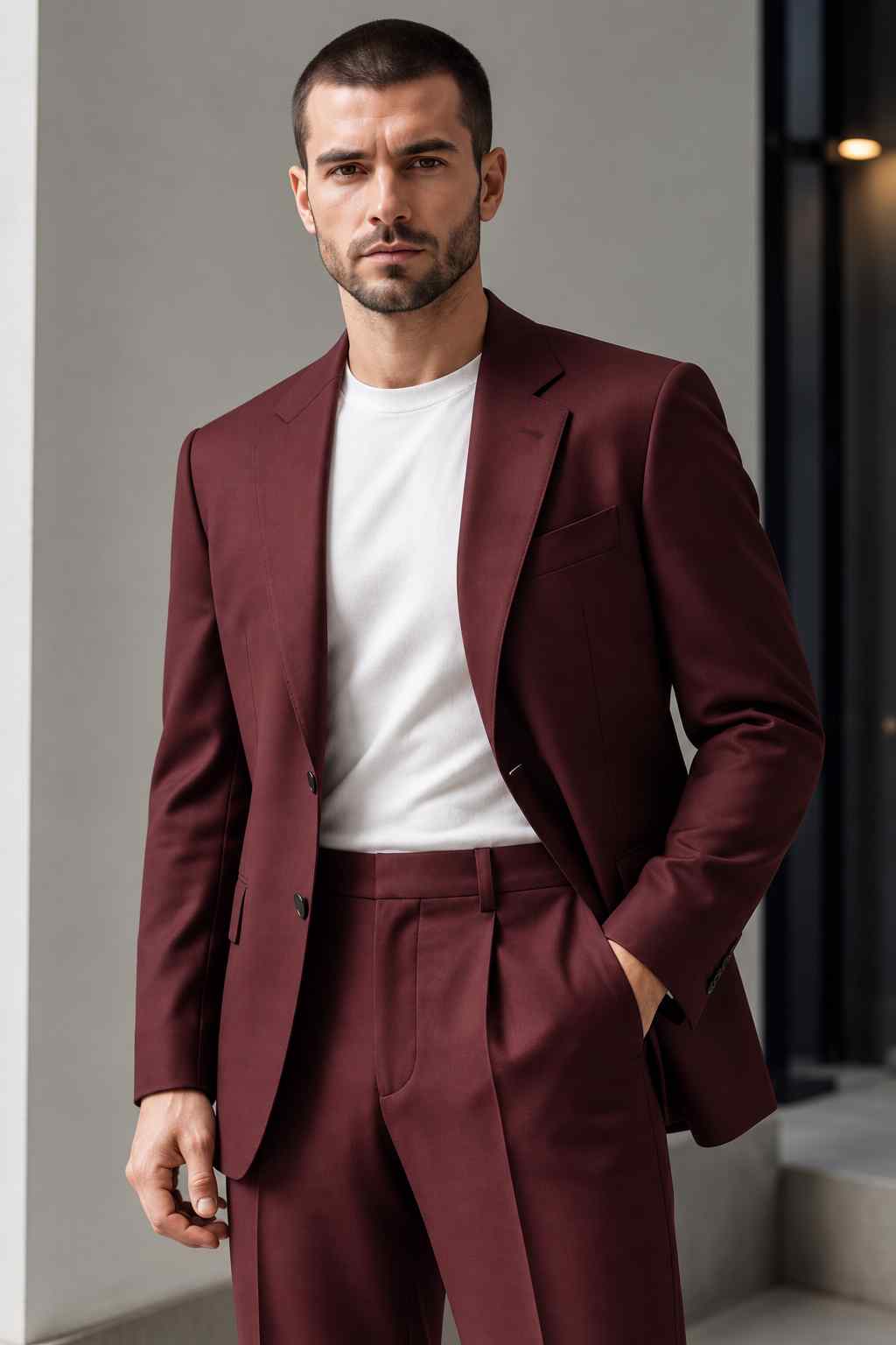Men’s Burgundy 2-Piece Suit – Tailored Fit Blazer & Trousers for Modern Formal Wear