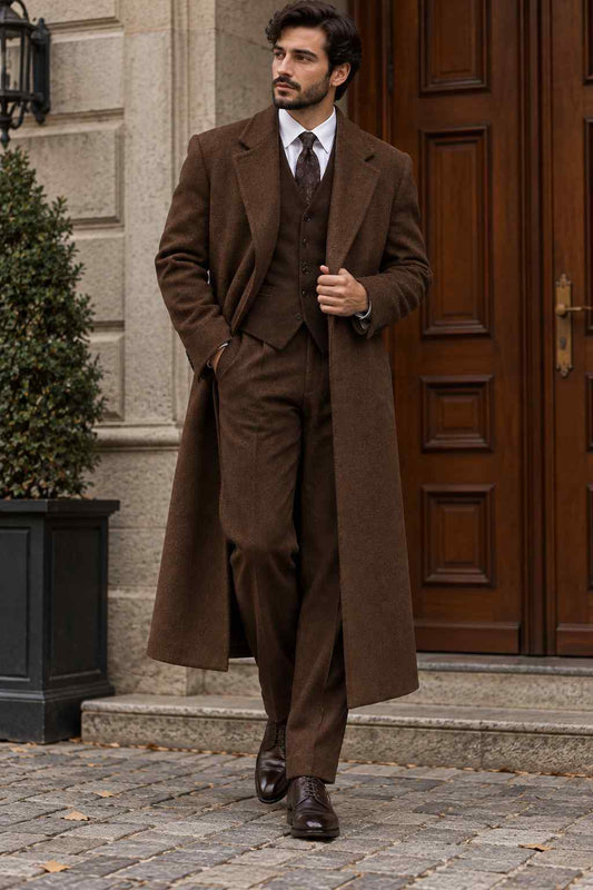 Men Brown Tweed Wool Long Coat | Vintage Tailored Overcoat | Winter Formal Style