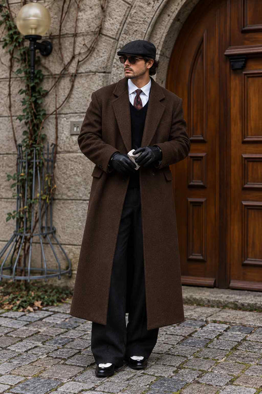 Men’s Brown Tweed Long Coat – Vintage Wool Overcoat, Winter Style