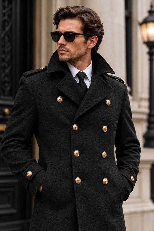 Men’s Black Tweed Long Coat | Double-Breasted Vintage Overcoat