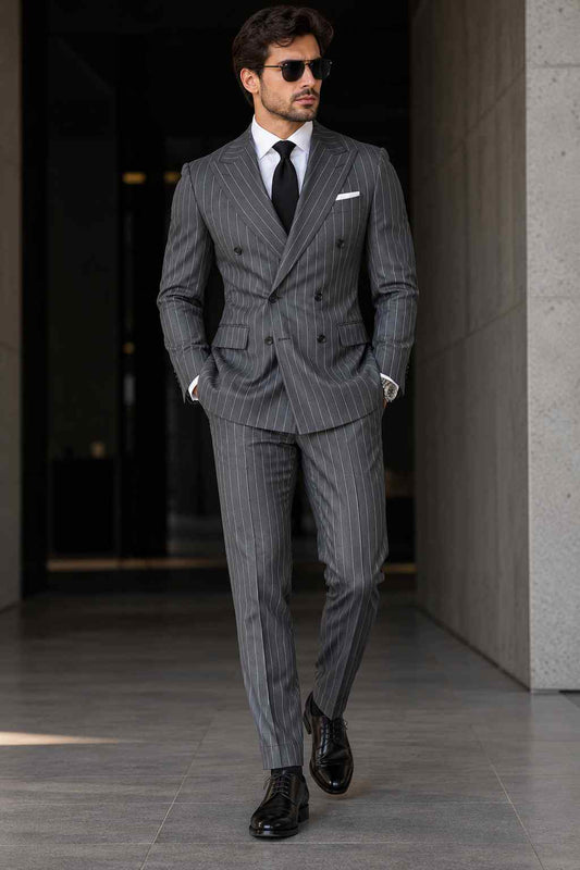 Men’s Grey Pinstripe 2-Piece Suit – Double-Breasted Formal Suit