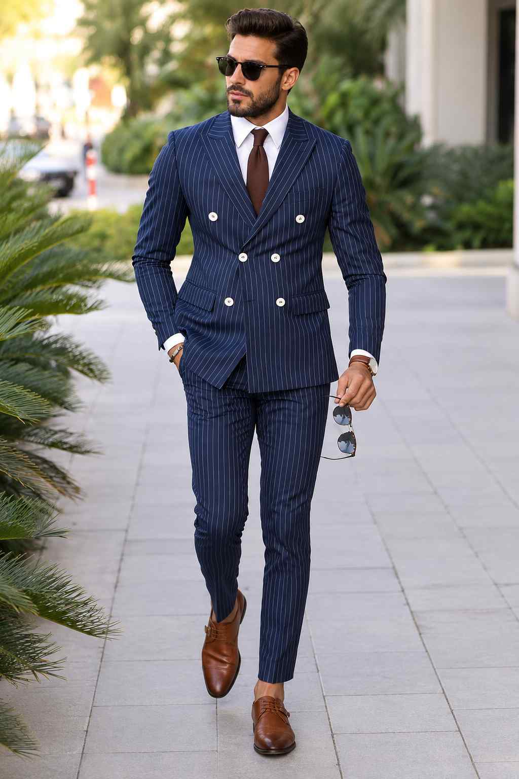 Men’s Navy Blue Pinstripe 2-Piece Suit – Double-Breasted Formal Suit