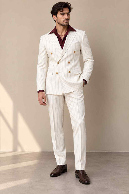 Men Cream Pinstripe 2-Piece Suit – Double-Breasted Wedding & Formal Suit