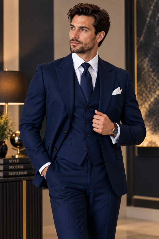 Men’s Navy Blue 3-Piece Suit – Tailored Fit, Classic Notch Lapel Formal Wear