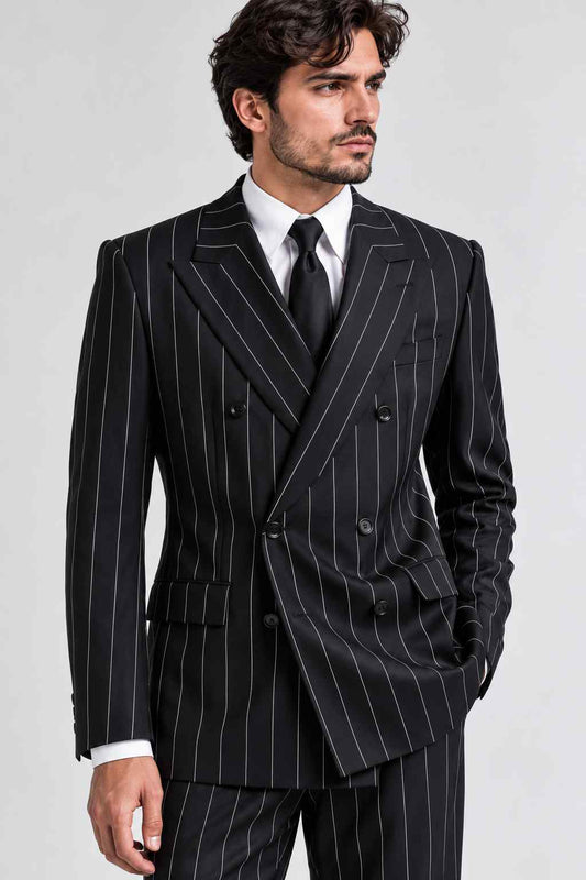 Men’s Black Pinstripe 2-Piece Suit – Double-Breasted Formal Suit