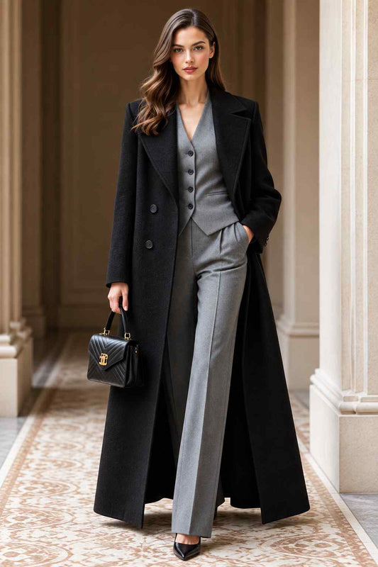 Women’s Black Tweed Wool Long Coat | Elegant Tailored Overcoat for Formal Wear