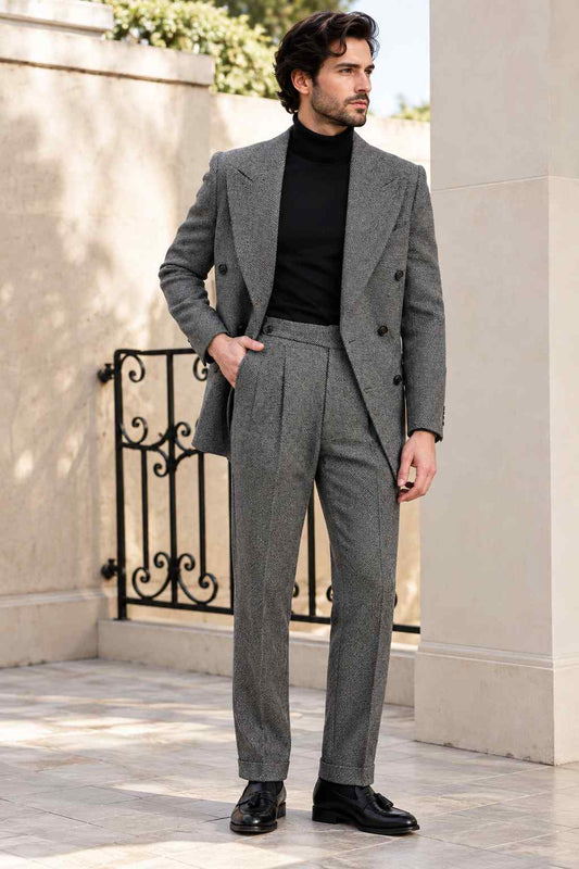 Men Gray Herringbone 2-Piece Suit | Double-Breasted Vintage Wear