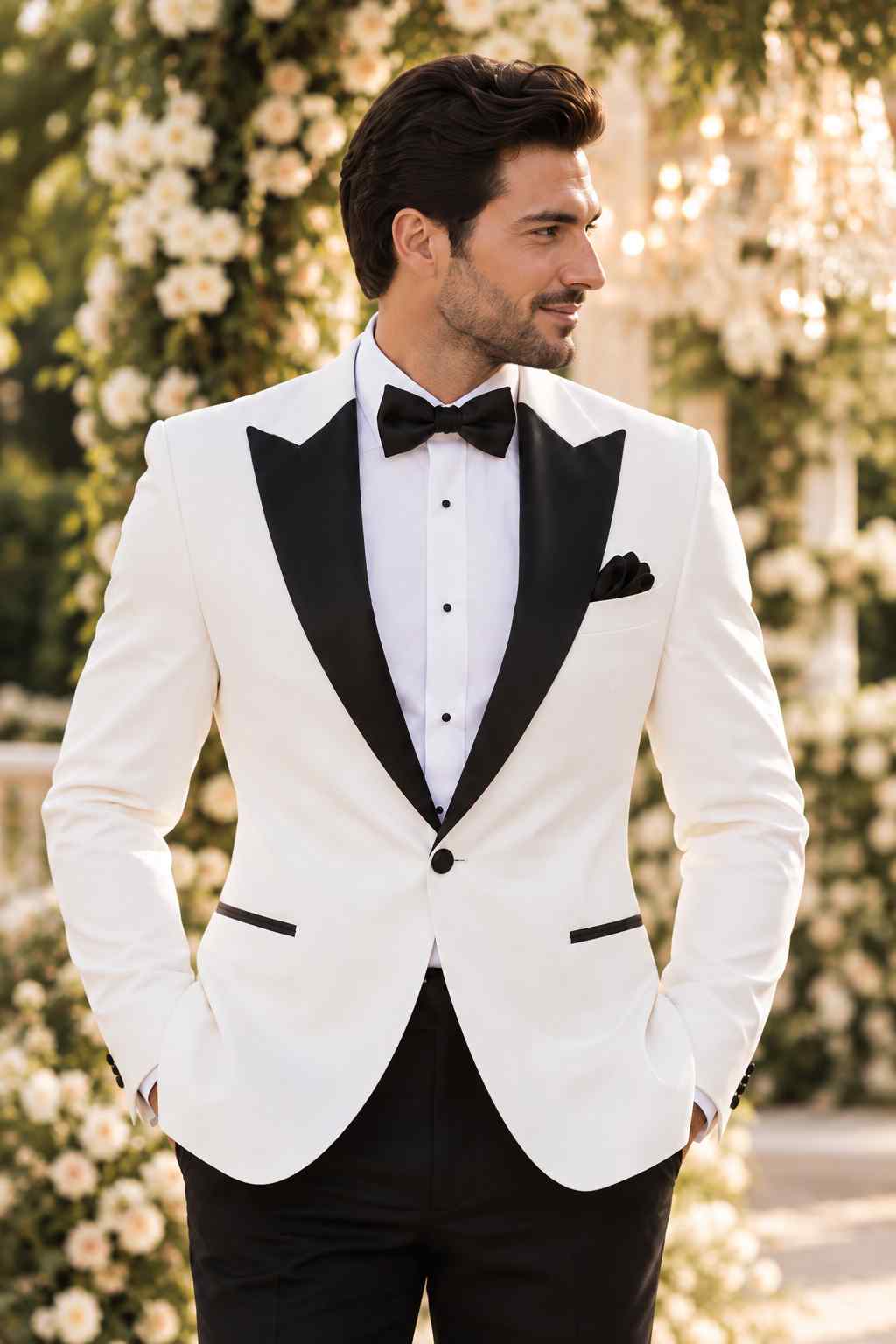 Men’s White 2-Piece Tuxedo Suit with Black Peak Lapels, Wedding Groom Wear