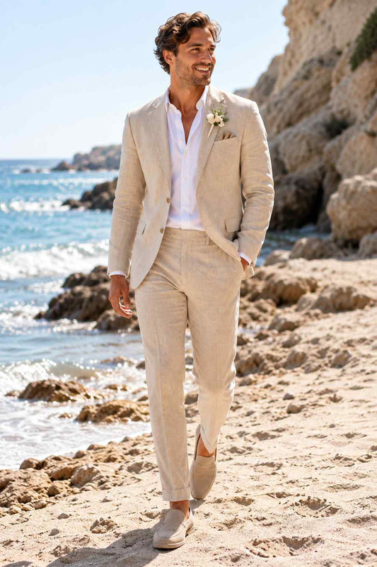 Men Beige Linen 2 PC Suit – Boho Beach Groom Summer Wedding Wear