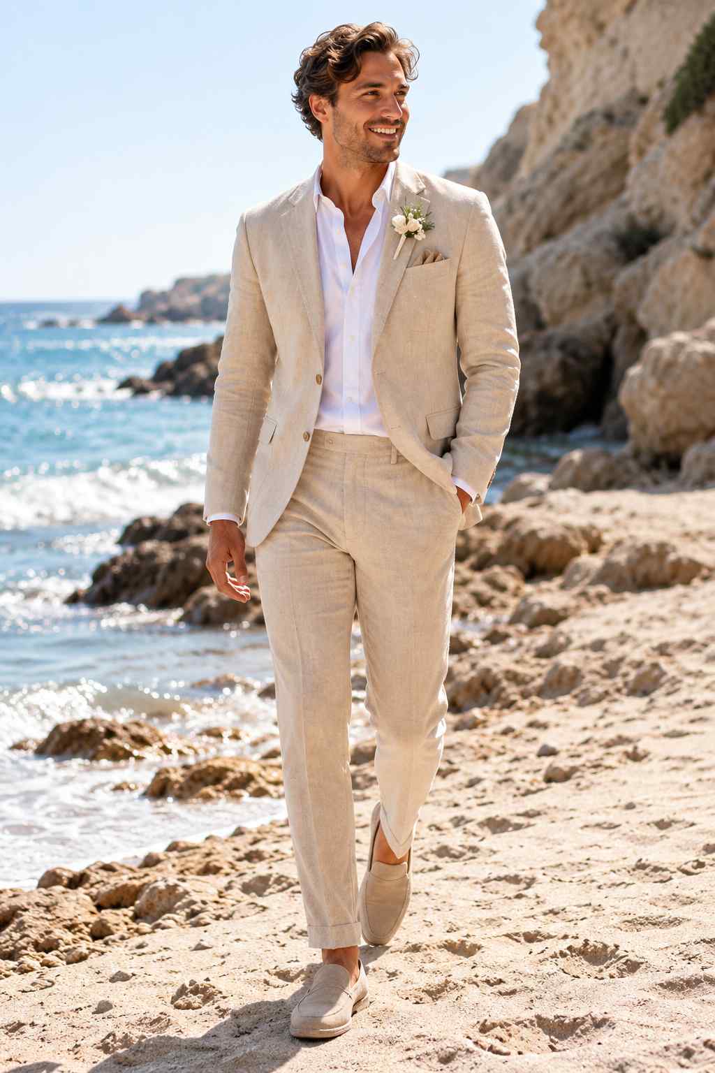Men Beige Linen 2 PC Suit – Boho Beach Groom Summer Wedding Wear