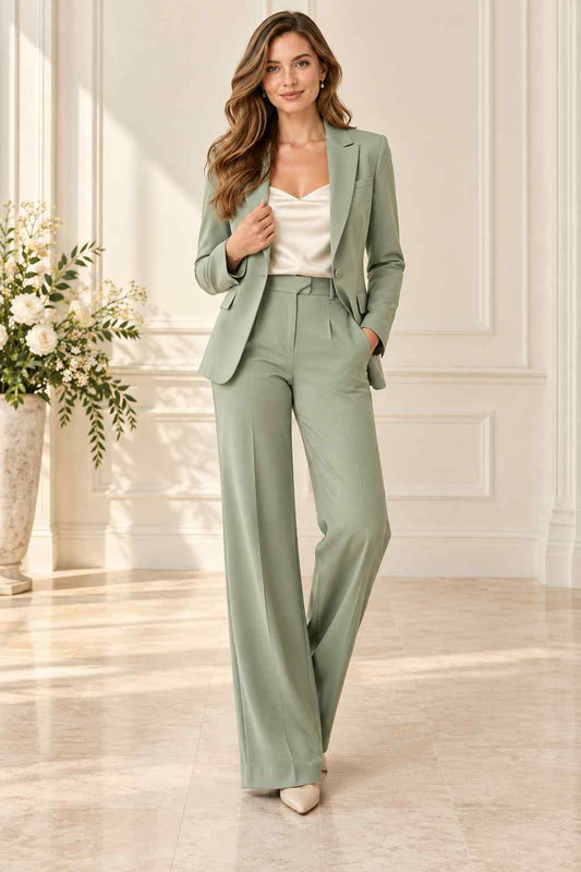 Women’s Sage Green 2-Piece Suit – Tailored Blazer & Wide-Leg Pants for Work & Events