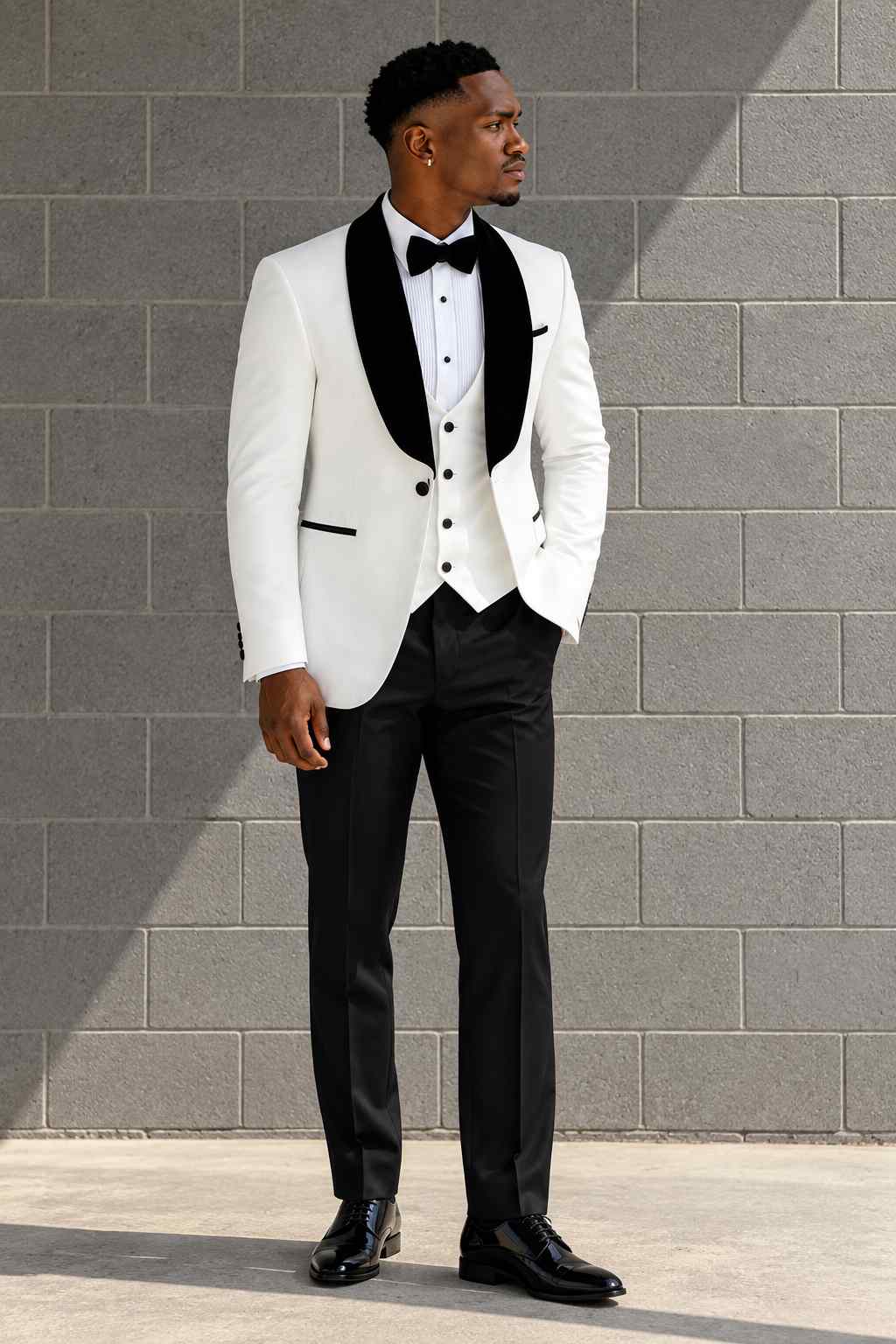 Men’s White Tuxedo Suit | Black Shawl Lapel 3-Piece Wedding & Formal Suit