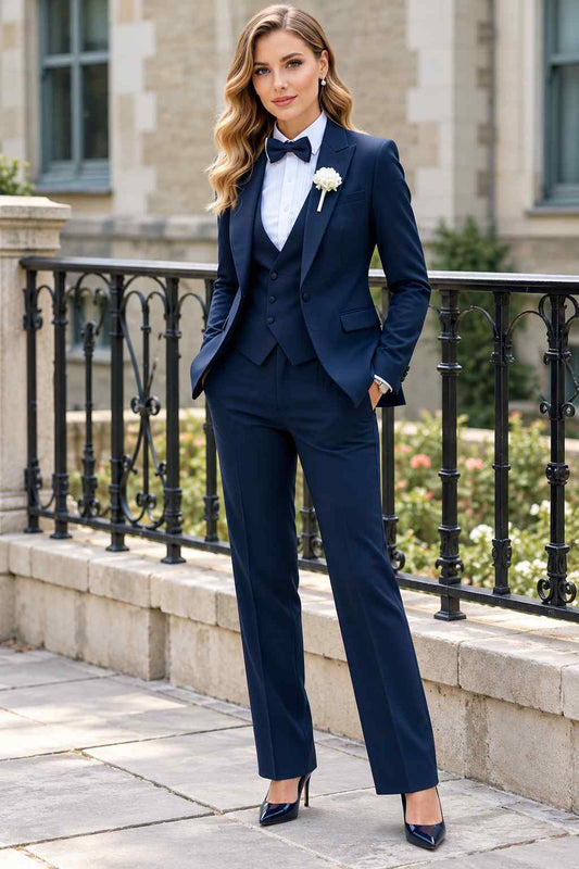 Women’s Navy Blue 3-Piece Suit, Tuxedo Set for Wedding & Formal Events