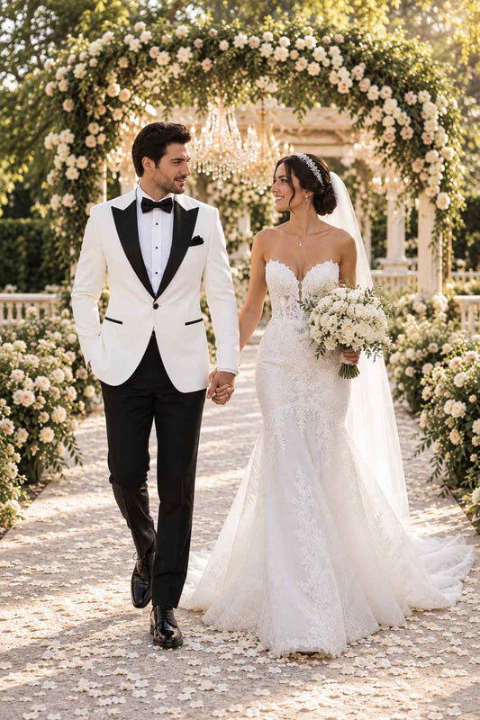 Men’s White 2-Piece Tuxedo Suit with Black Peak Lapels, Wedding Groom Wear