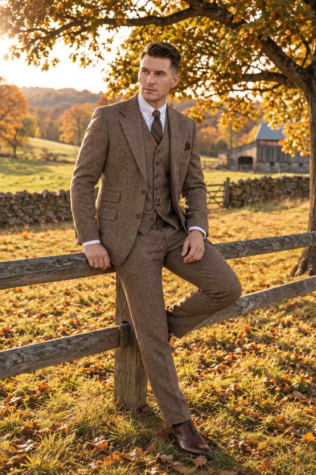 Men Brown Herringbone Tweed 3-Piece Suit – Vintage Style, Tailored Fit