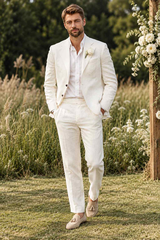 Men White Linen 2PC Suit | Boho Beach Groom Wedding Wear