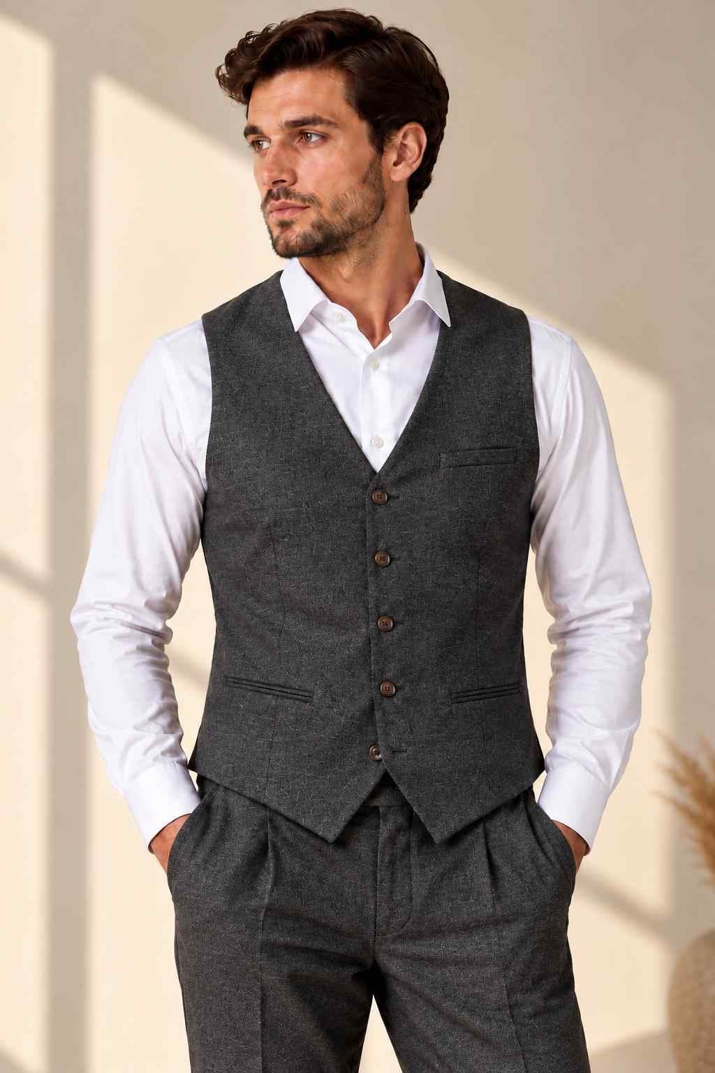 Man wearing a charcoal grey textured waistcoat with brown buttons, a V-neckline, and front pockets over a crisp white dress shirt.