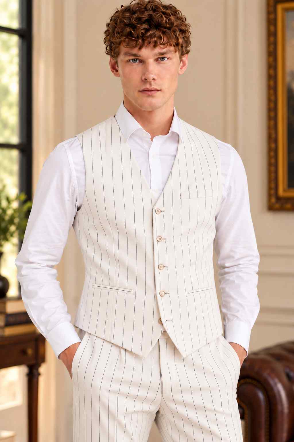 Man wearing a cream pinstripe waistcoat with matching light-coloured buttons, a V-neckline, and front pockets over a white dress shirt.