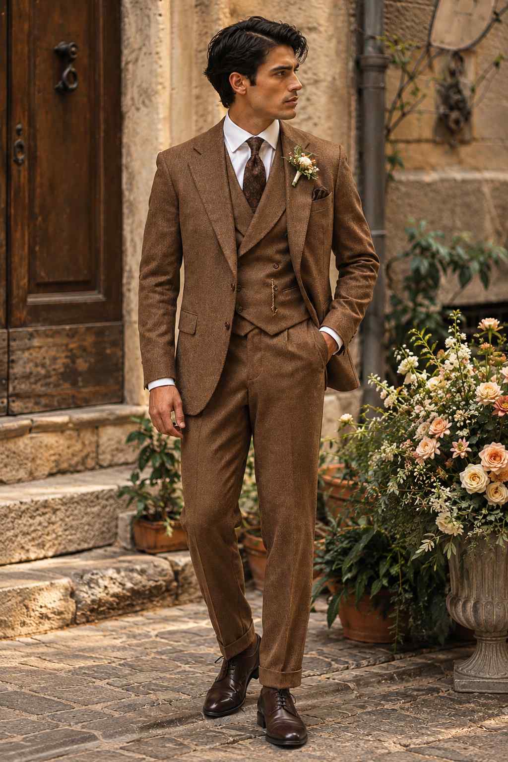 Men’s brown tweed wool 3-piece suit with Notch lapel jacket, matching waistcoat, tailored trousers, brown tie and pocket square.