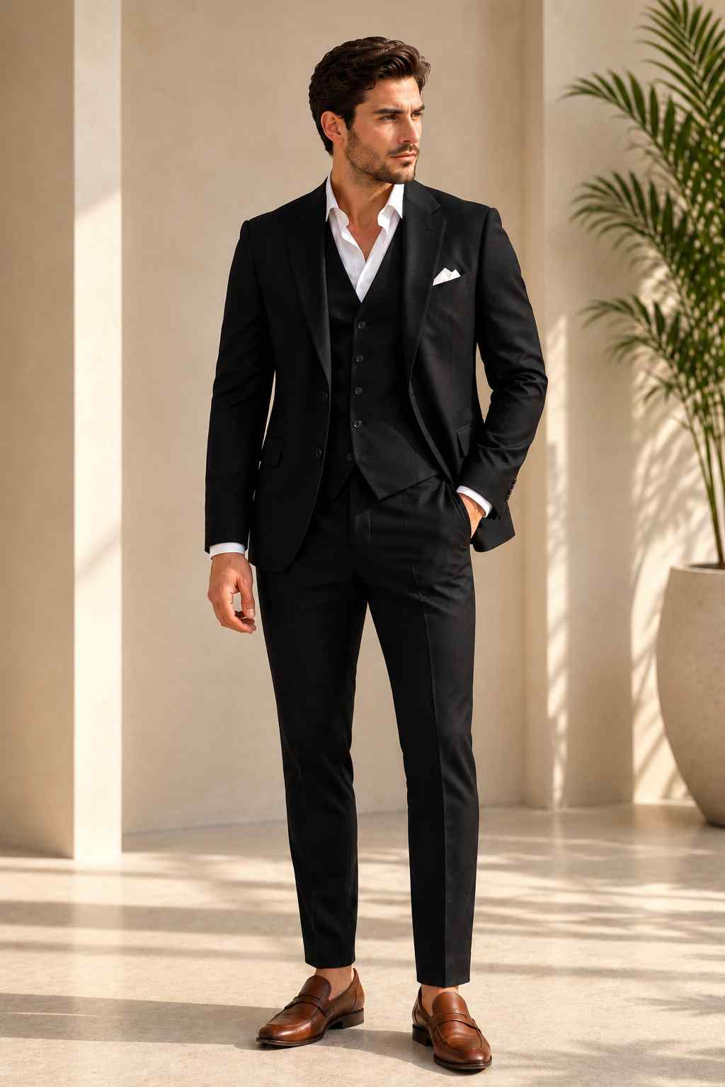 Men’s black 3-piece suit with notch lapel jacket, matching waistcoat, tailored trousers, white shirt and pocket square.
