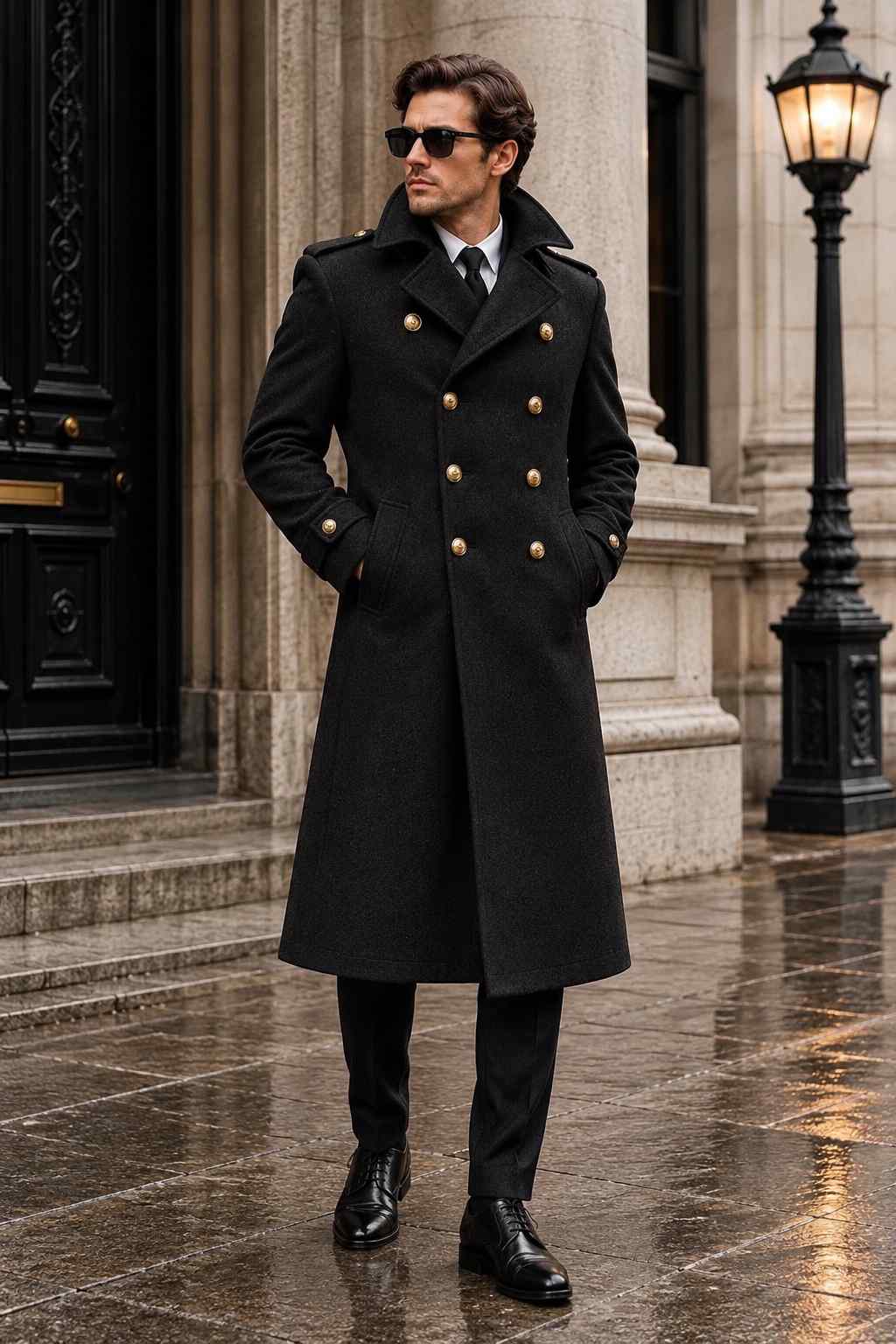 Men's black tweed double-breasted long coat with gold-tone buttons, wide lapels, shoulder epaulettes and full-length vintage design.