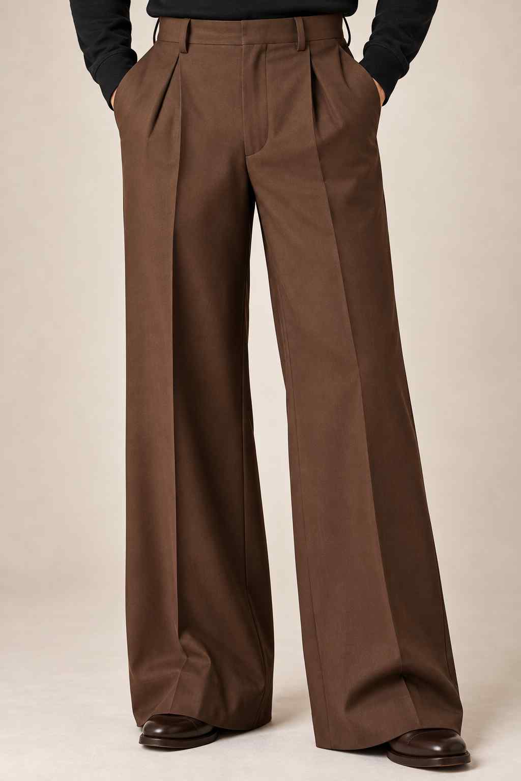 Men’s brown high-waisted wide-leg trousers with double pleats for formal and vintage outfits
