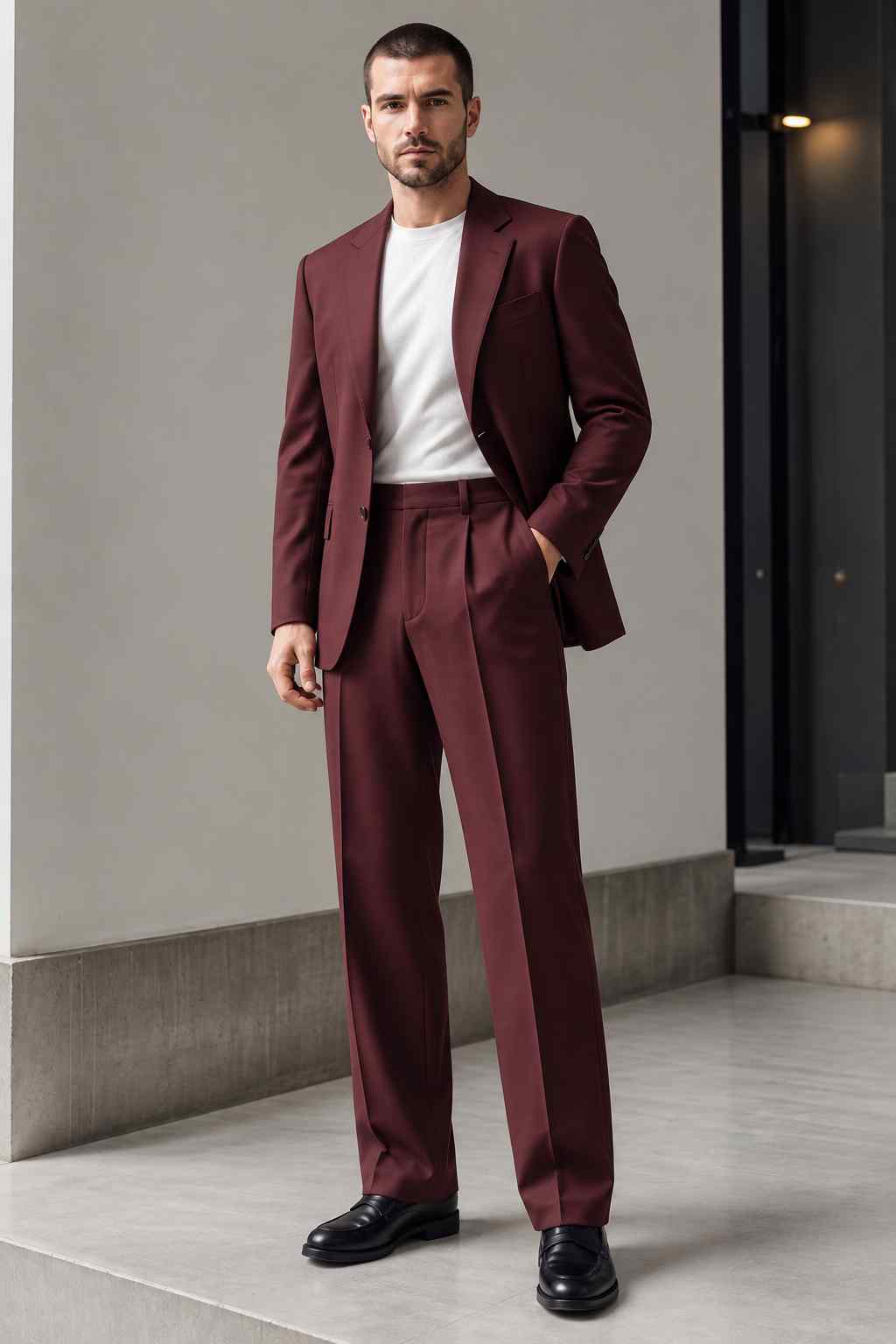 Men's burgundy 2-piece suit with tailored notch lapel blazer and matching trousers, styled with a white T-shirt.