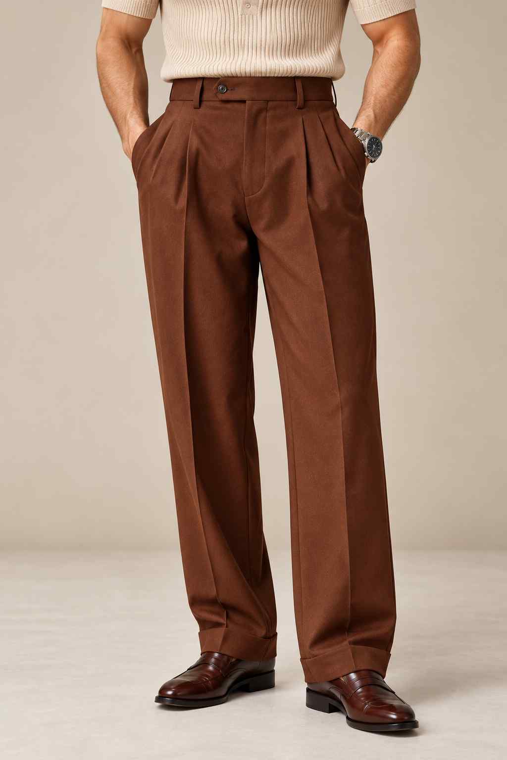 Men's chocolate brown high-waisted pleated trousers with wide legs, belt loops and stylish turn-up cuffs.