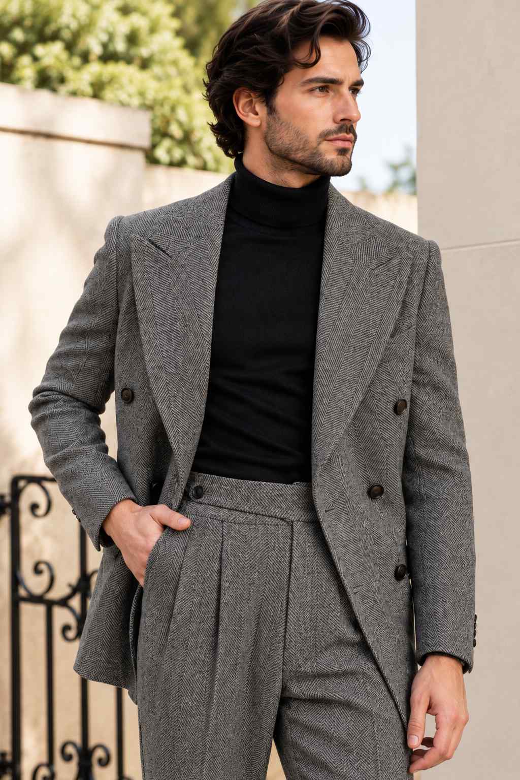 Men’s gray herringbone 2-piece suit with double-breasted jacket and matching trousers