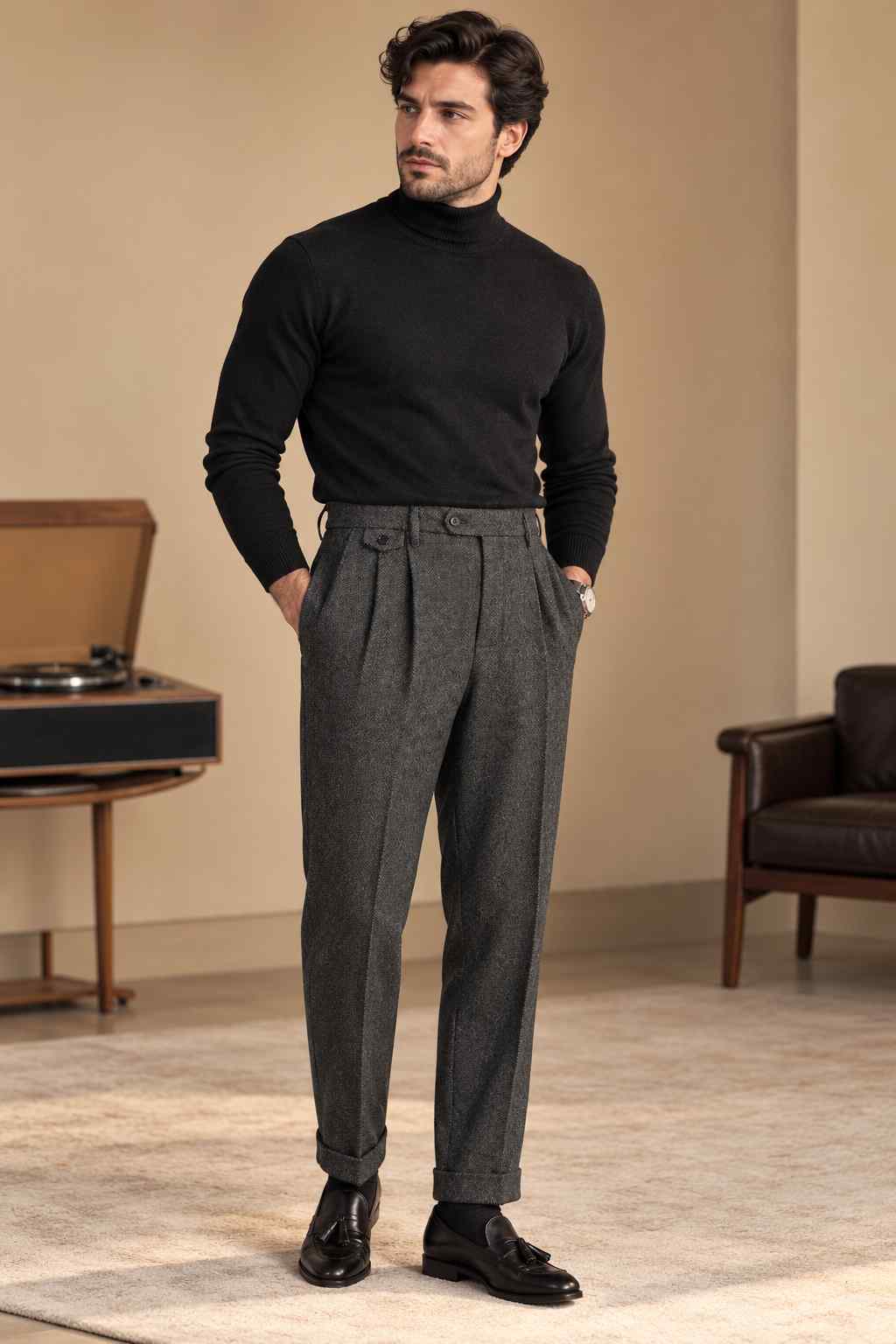 Men’s grey herringbone tweed Gurkha trousers with high waist, pleats, adjustable waistband and cuffed hems