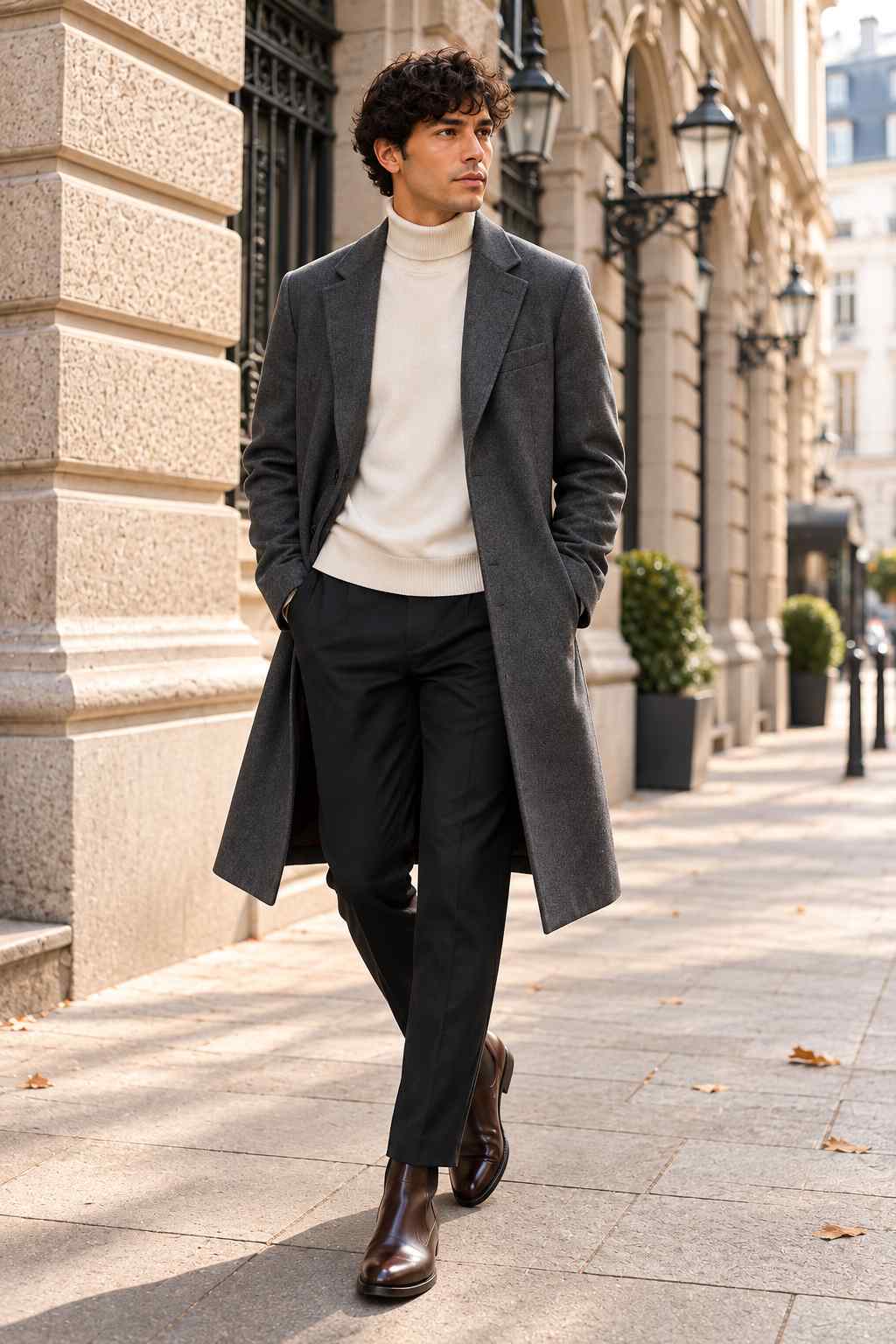 Men's grey tweed long coat with notch lapels, single-breasted button closure and flap pockets, styled with black trousers and a white turtleneck.