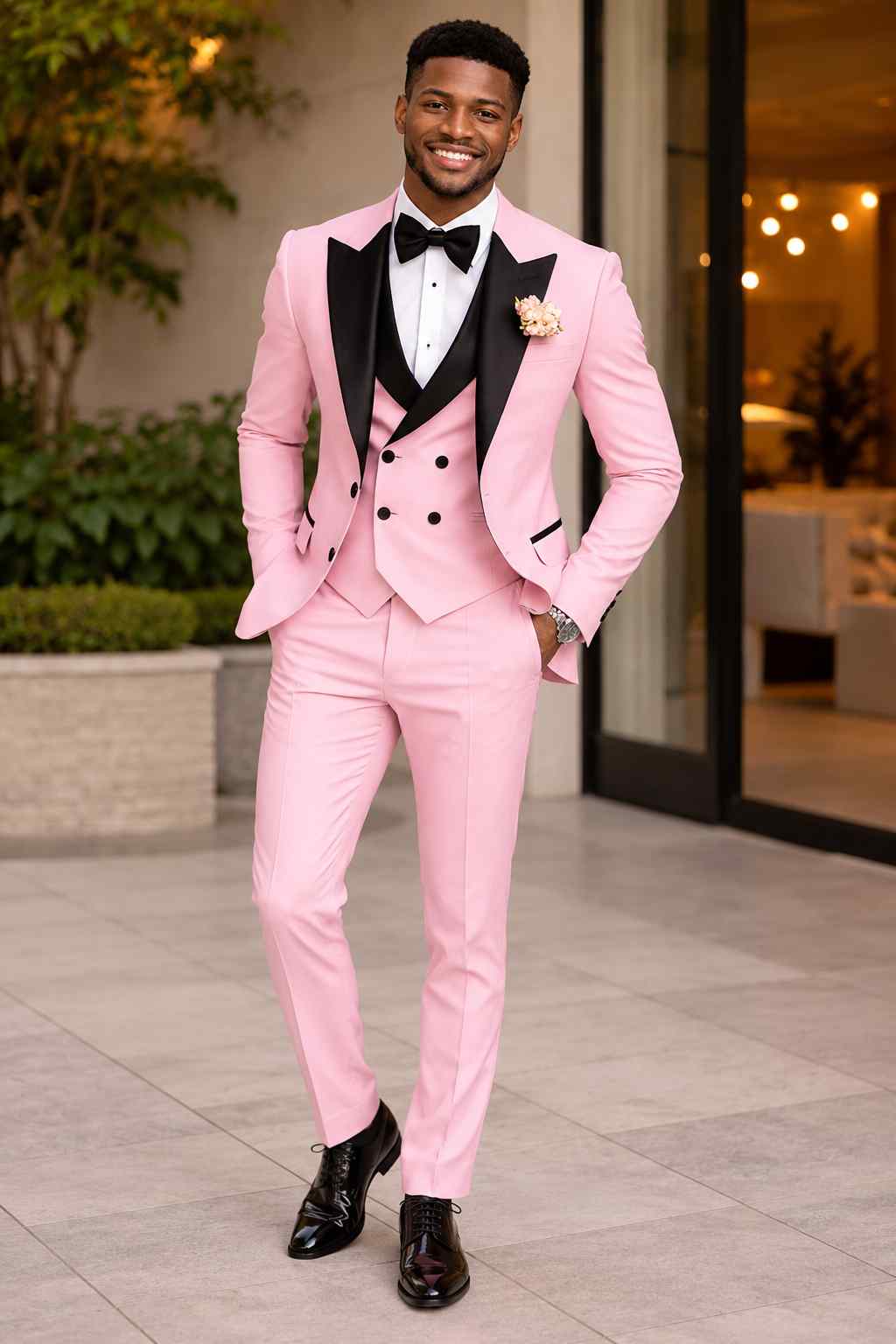 Men’s pink 3-piece groom suit with black tuxedo details for wedding, prom and engagement