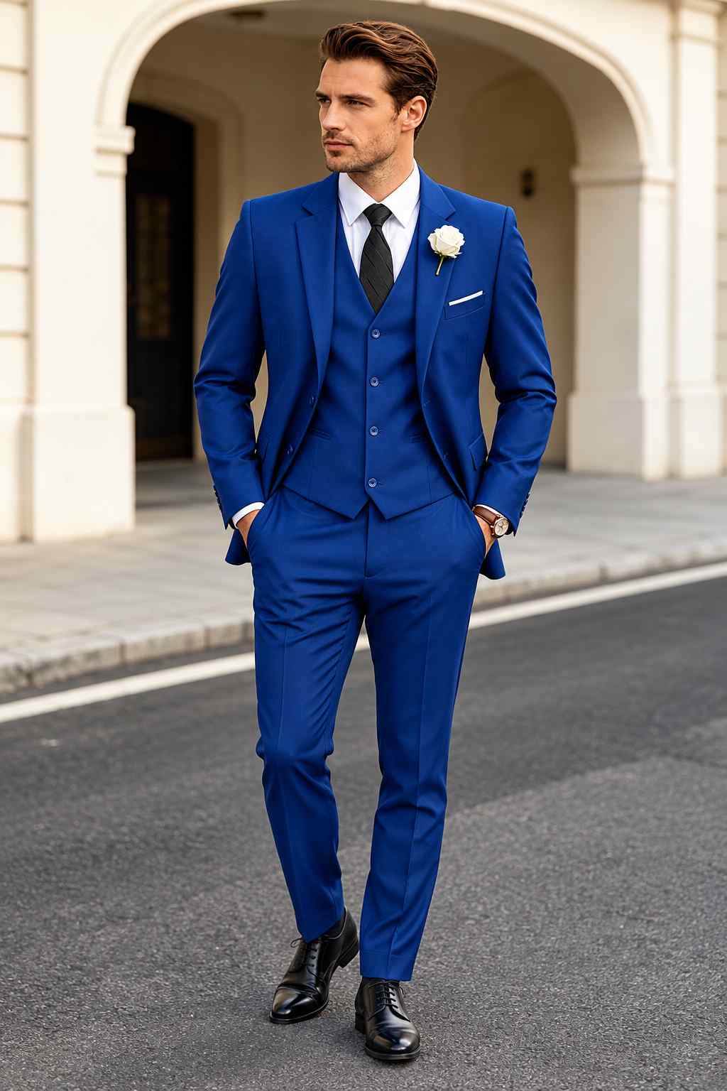 Men’s royal blue 3-piece suit with matching waistcoat and trousers for groom wedding and formal events