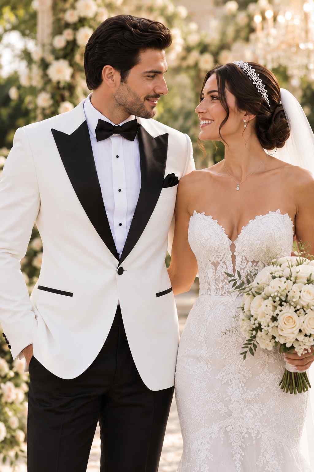 Men's white 2-piece tuxedo suit with black peak lapels and matching black trousers, styled for a wedding groom.