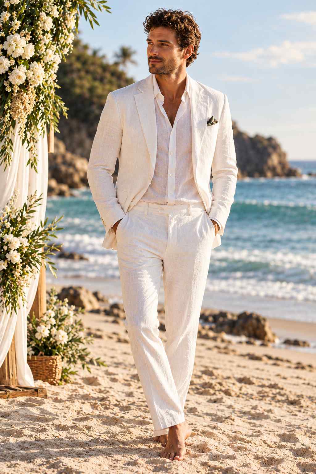 Men’s white linen 2-piece suit with notch lapel jacket, matching trousers, open-collar white shirt and pocket square by the beach.