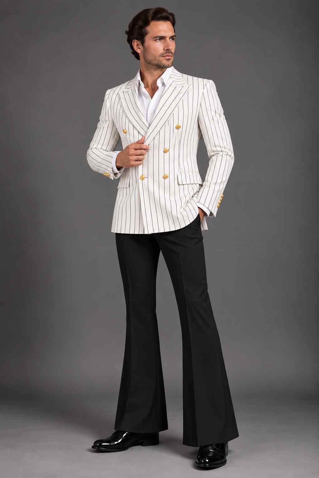 Men’s white pinstripe double-breasted 2-piece suit with gold buttons, peak lapels and black trousers.