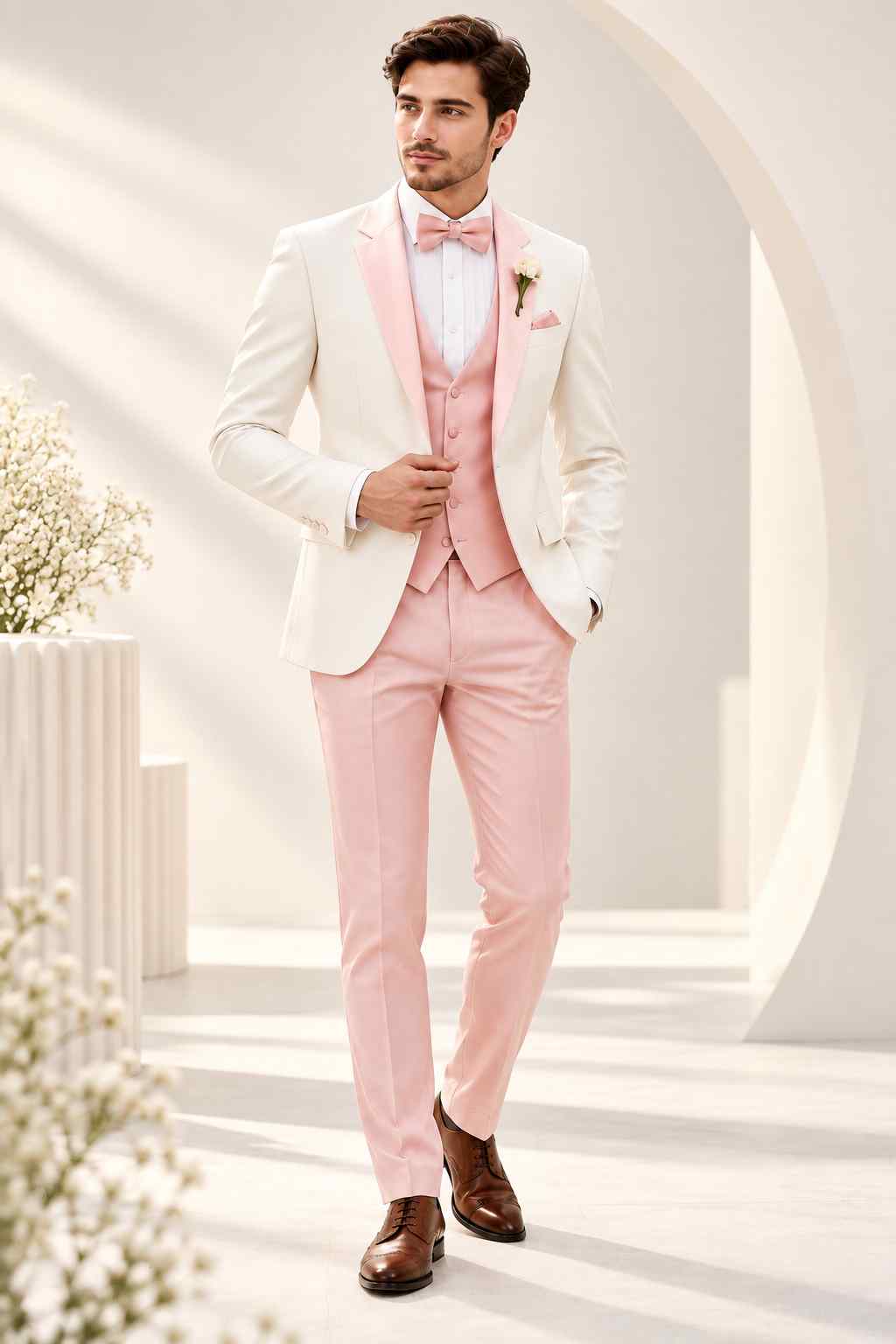 Men’s Ivory Pink 3-Piece Wedding Suit, Notch Lapel Groom Tuxedo & Formal Wear