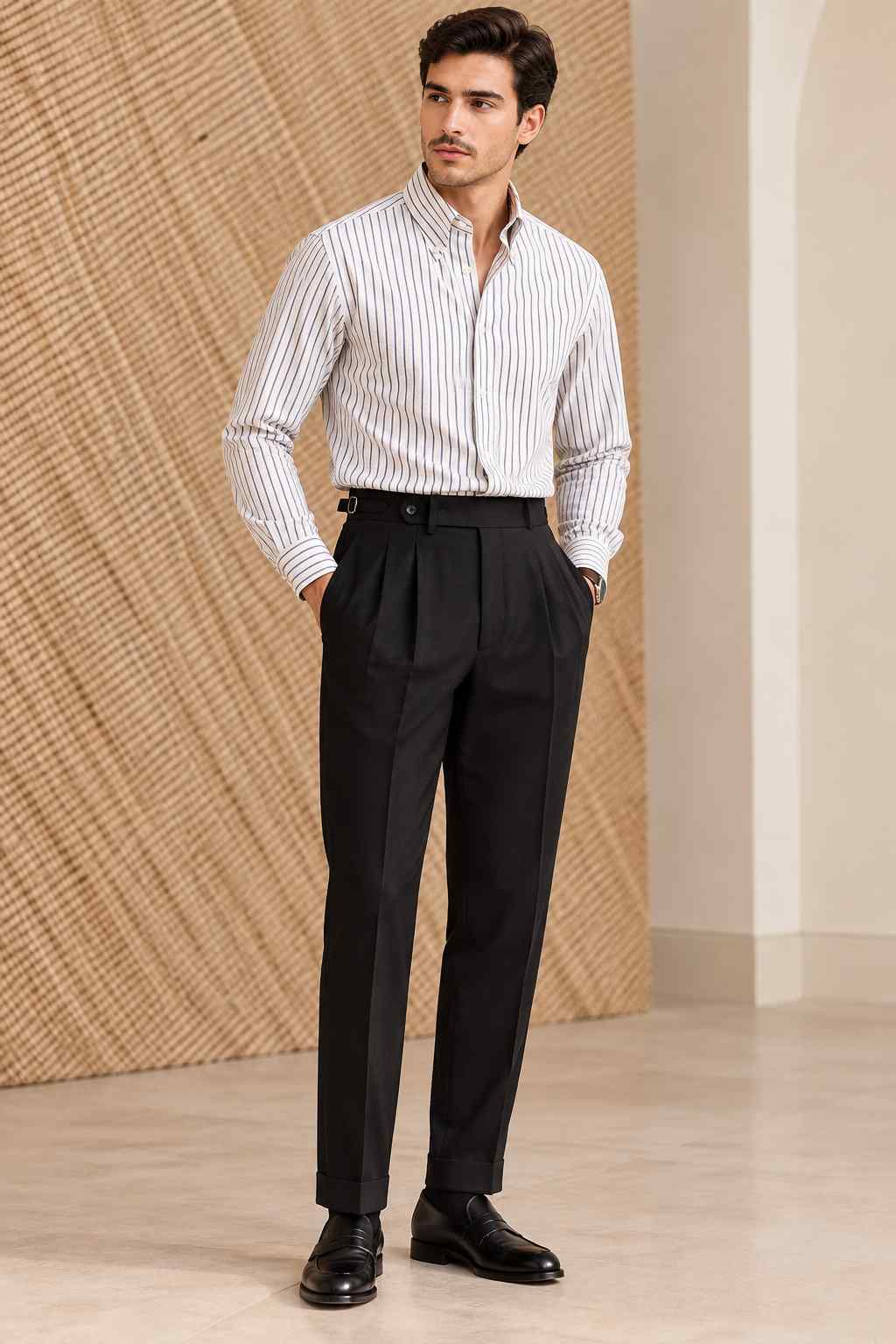 Men’s Black Pleated Trousers – High-Waisted Tailored Pants with Cuffed Hem