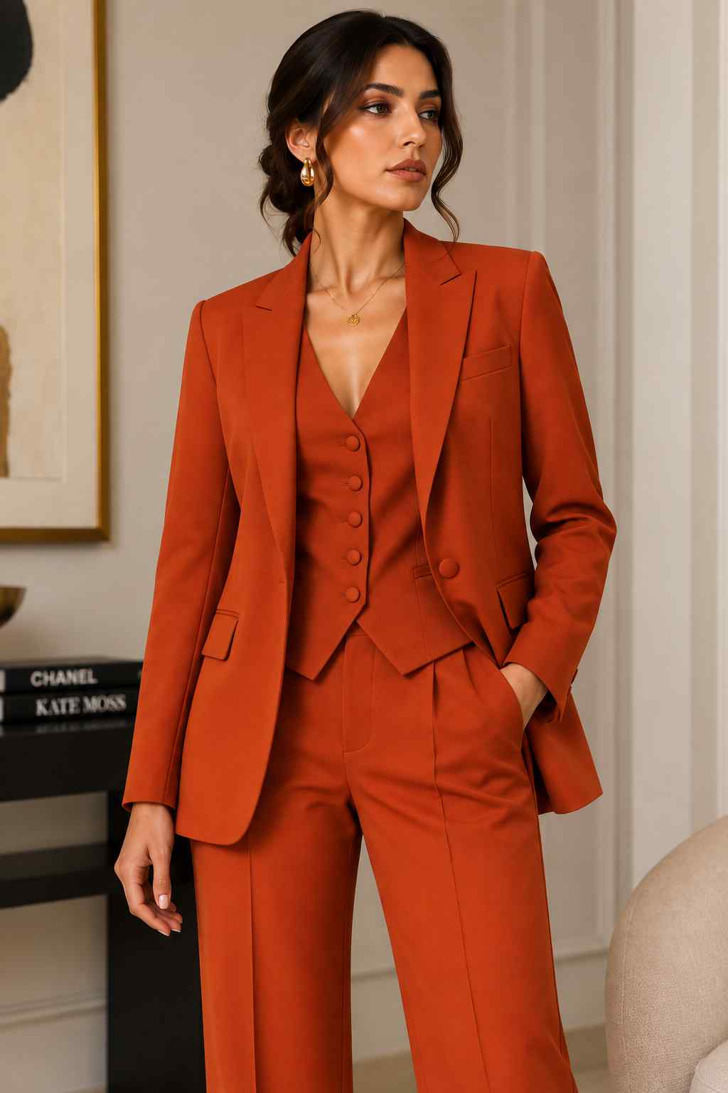 Women’s Rust Orange 3-Piece Suit | Tailored Blazer, Waistcoat & Wide-Leg Trousers