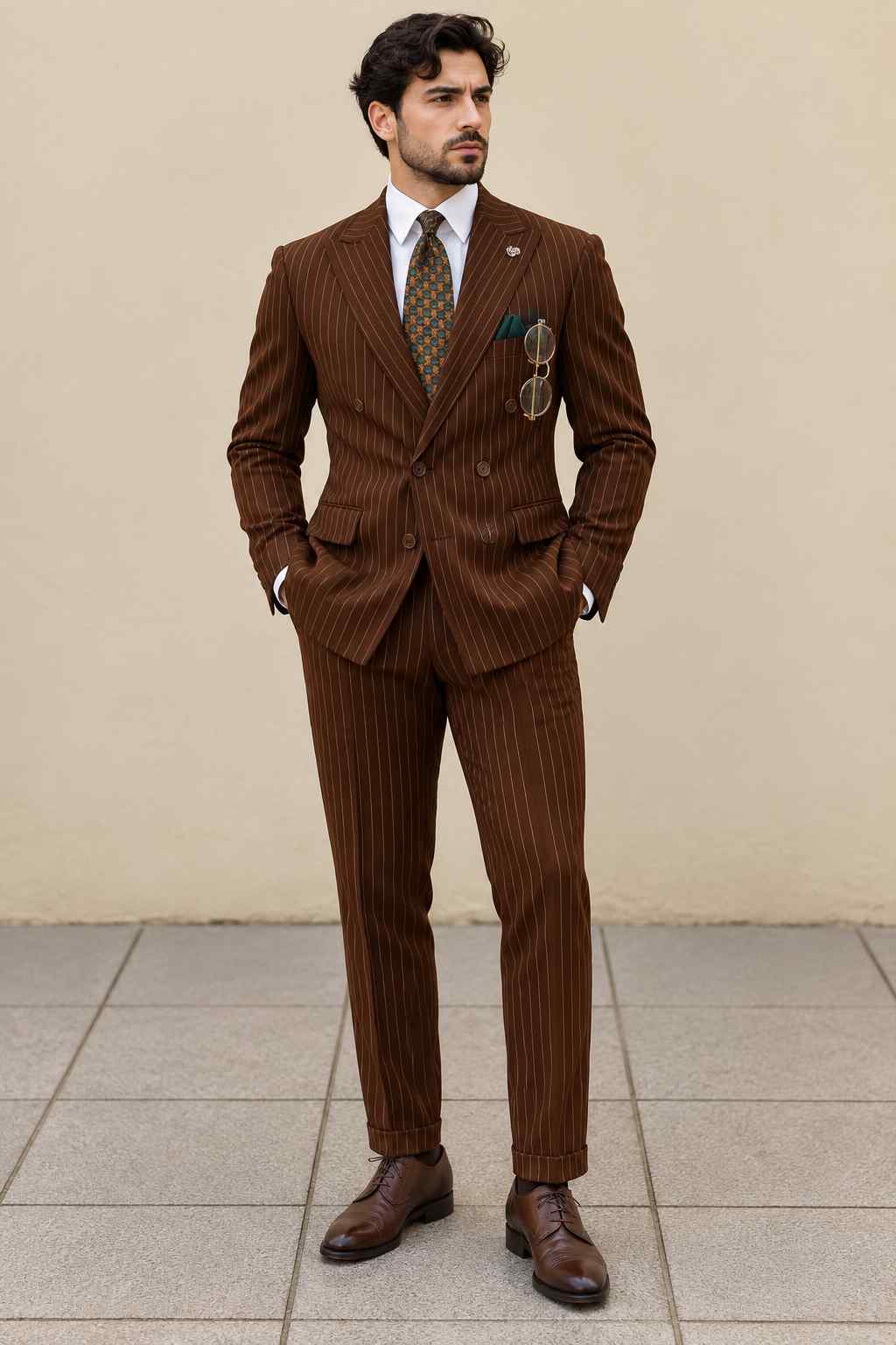 Men’s Brown Pinstripe 2-Piece Suit – Double-Breasted Formal Suit