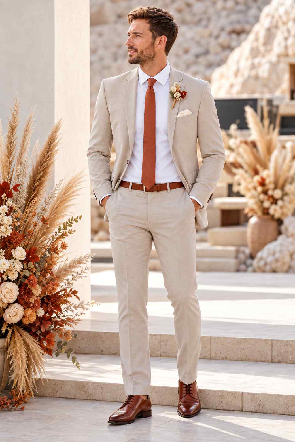 Men’s Beige 2-Piece Suit – Notch Lapel Blazer & Trousers for Wedding and Formal Wear