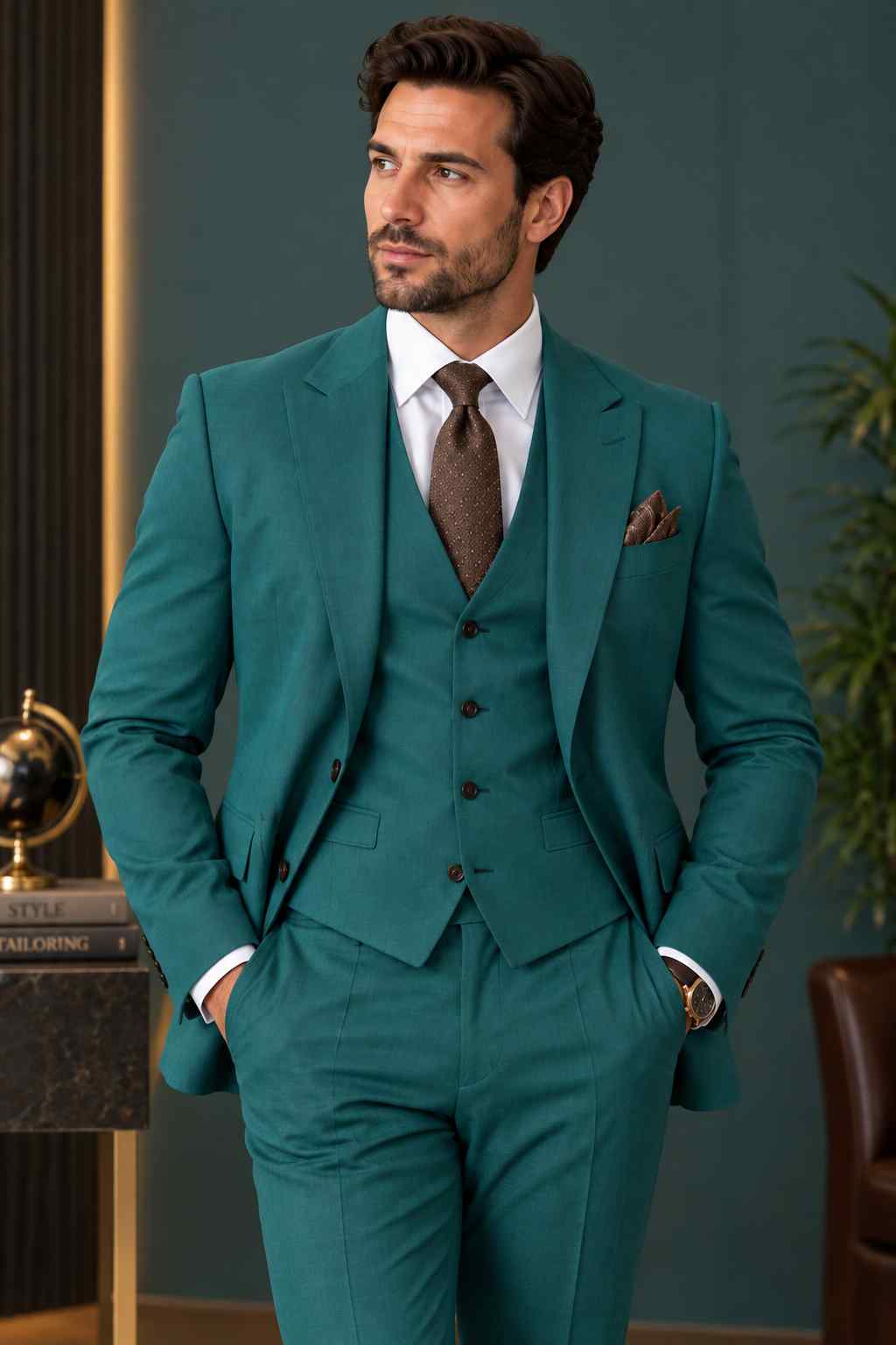 Men Teal 3 Piece Suit | Modern Tailored Wedding Suit