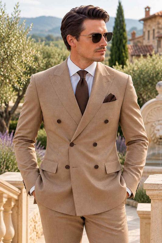 Men’s Tan 2-Piece Suit | Double-Breasted Wedding Groom & Formal Suit for Men