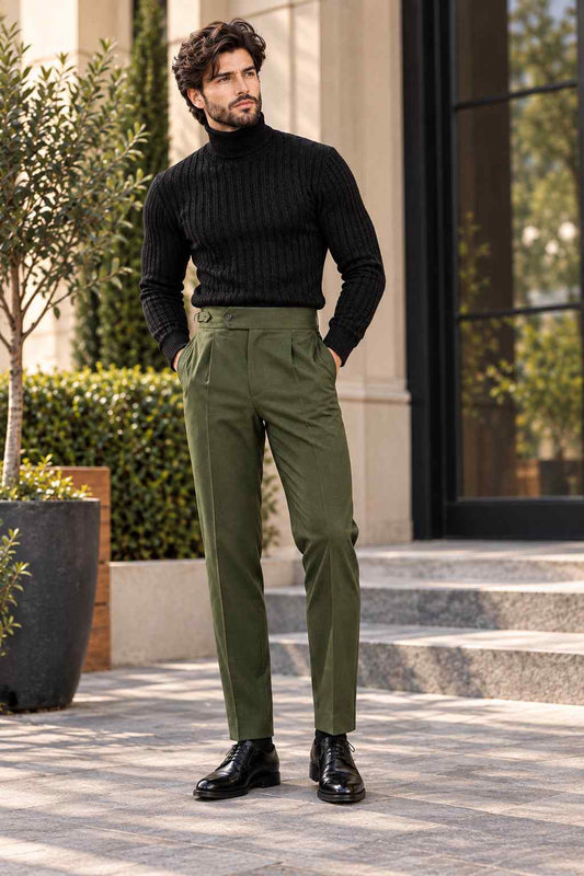 Men's Olive Green Gurkha Pants, High-Waisted Pleated Trousers with Side Buckles