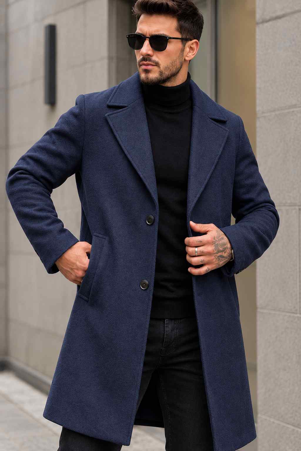 Men’s Navy Blue Tweed Wool Long Coat – Classic Vintage Overcoat