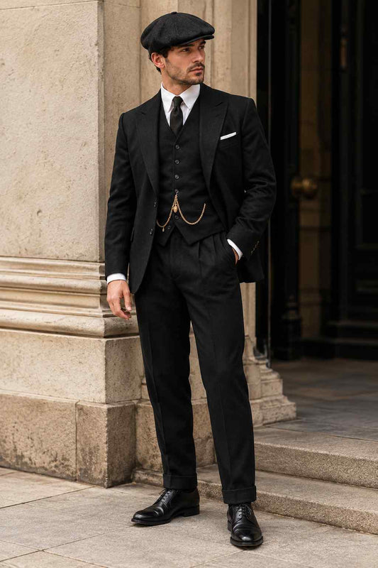 Men’s Black Tweed Wool 3-Piece Suit – Vintage British Heritage Suit