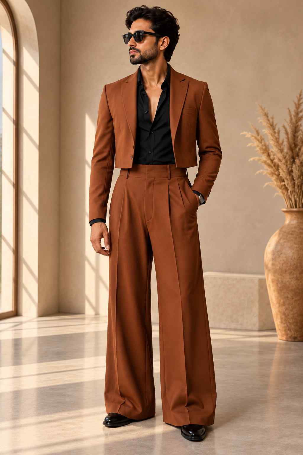 Men Rust Cropped Suit – Peak Lapel, Wide-Leg Pleated Trousers
