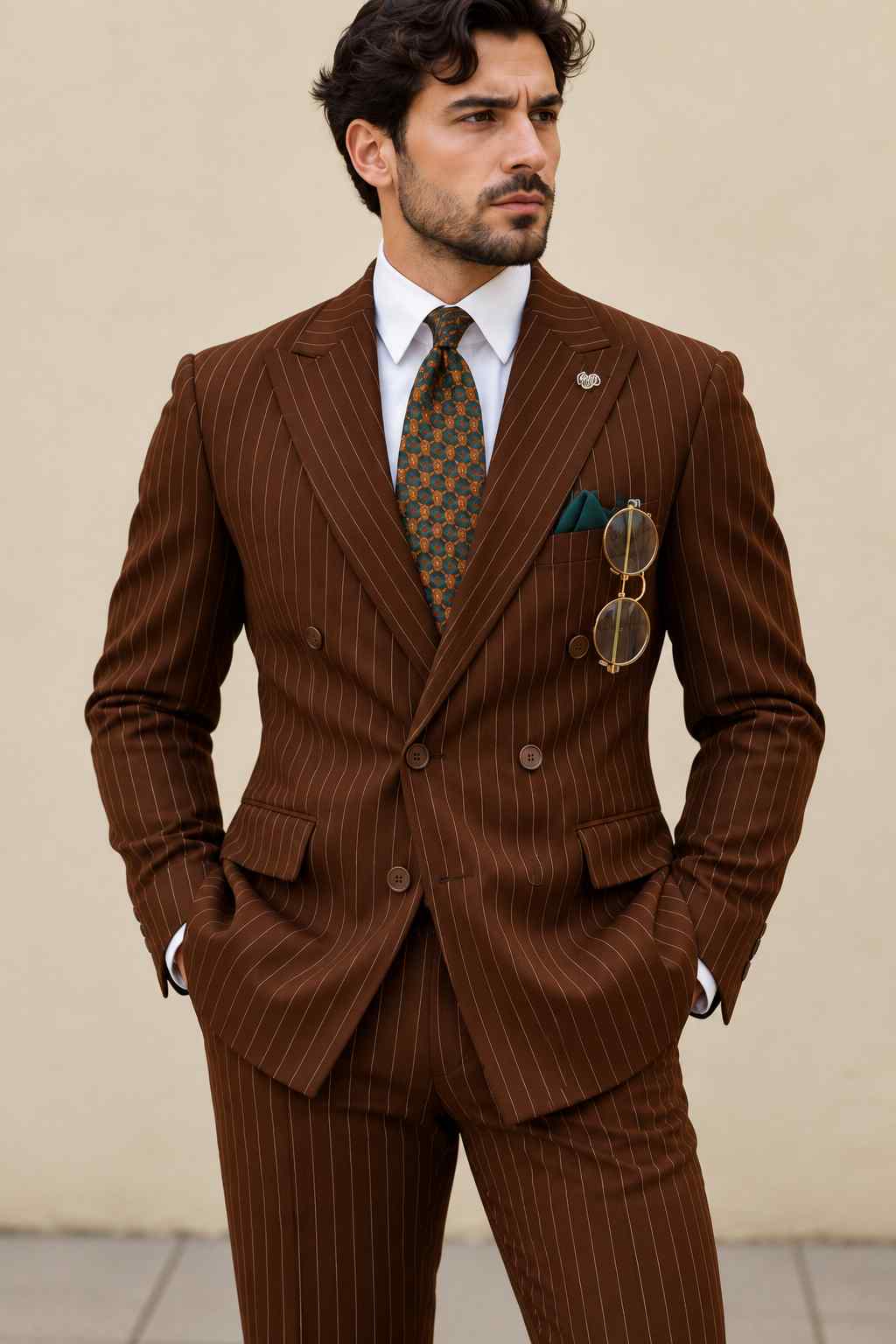 Full-length view of a man wearing a brown pinstripe double-breasted suit with matching trousers, a patterned tie, teal pocket square, and brown dress shoes.