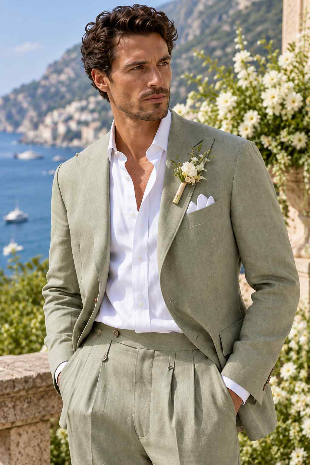Man wearing a sage green linen suit with a notch lapel blazer, white shirt, and floral boutonniere.