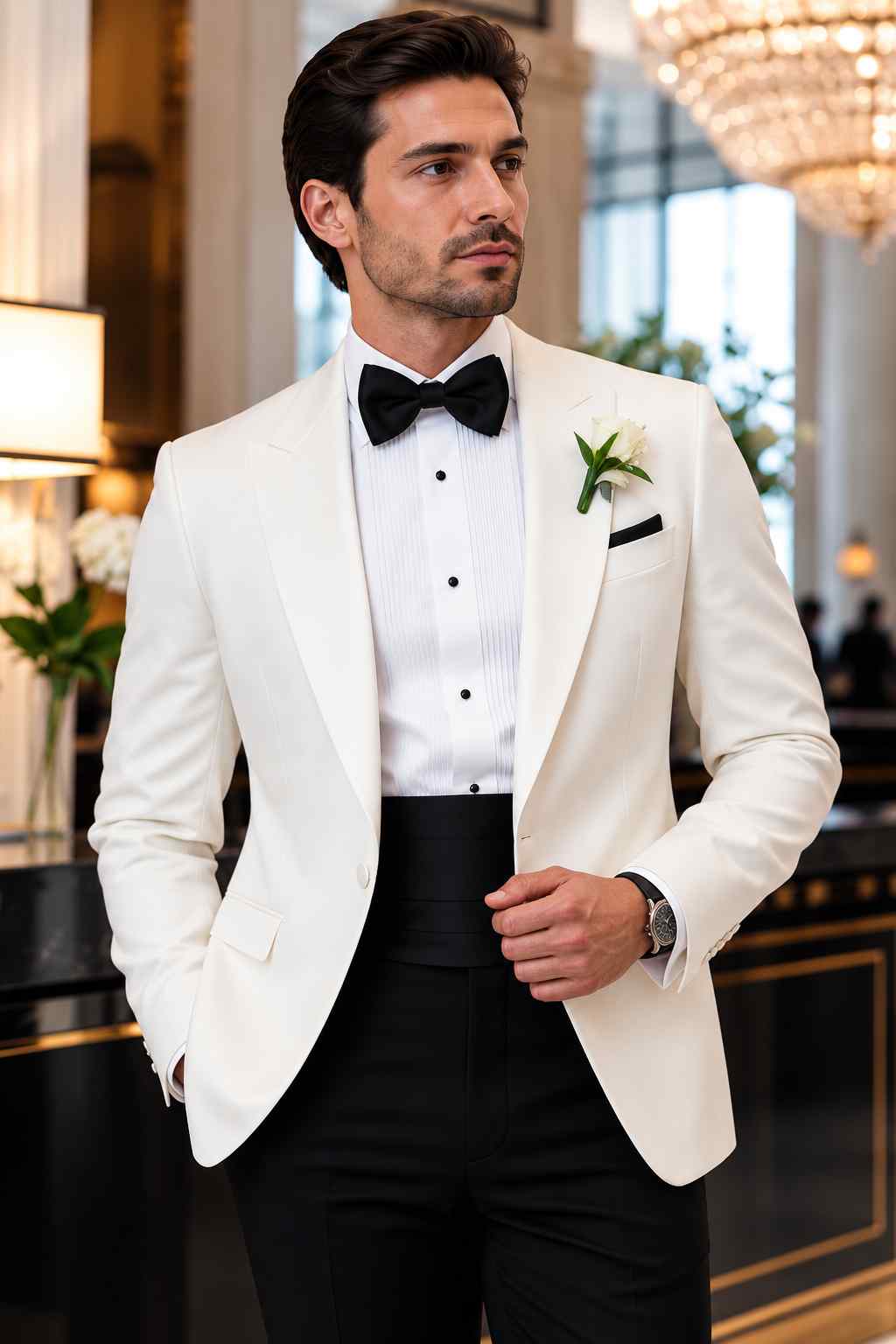 Men’s white dinner jacket with black 2-piece tuxedo trousers, black bow tie and formal wedding styling.